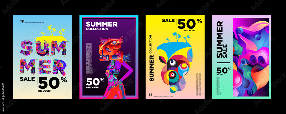 Fototapeta Vector Summer sale 50% discount poster design template for fashion,music,game, and travel