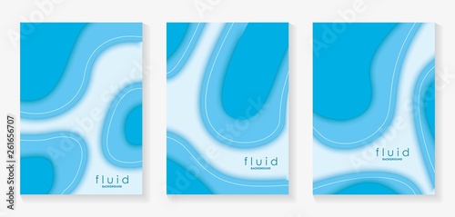 Blue Fluid 3D Papercut Cover Set. Dynamic Background for invitation, booklet or business card design. Modern Vector paper background