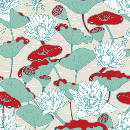 Elegant Water Lilies, Nymphaea seamless floral pattern