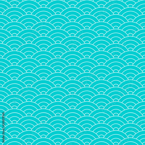 Seamless pattern. Wave. Fish scales texture. Vector illustration. Scrapbook, gift wrapping paper, textiles. Blue simple background