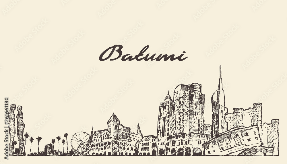 Batumi skyline Georgia hand drawn vector sketch