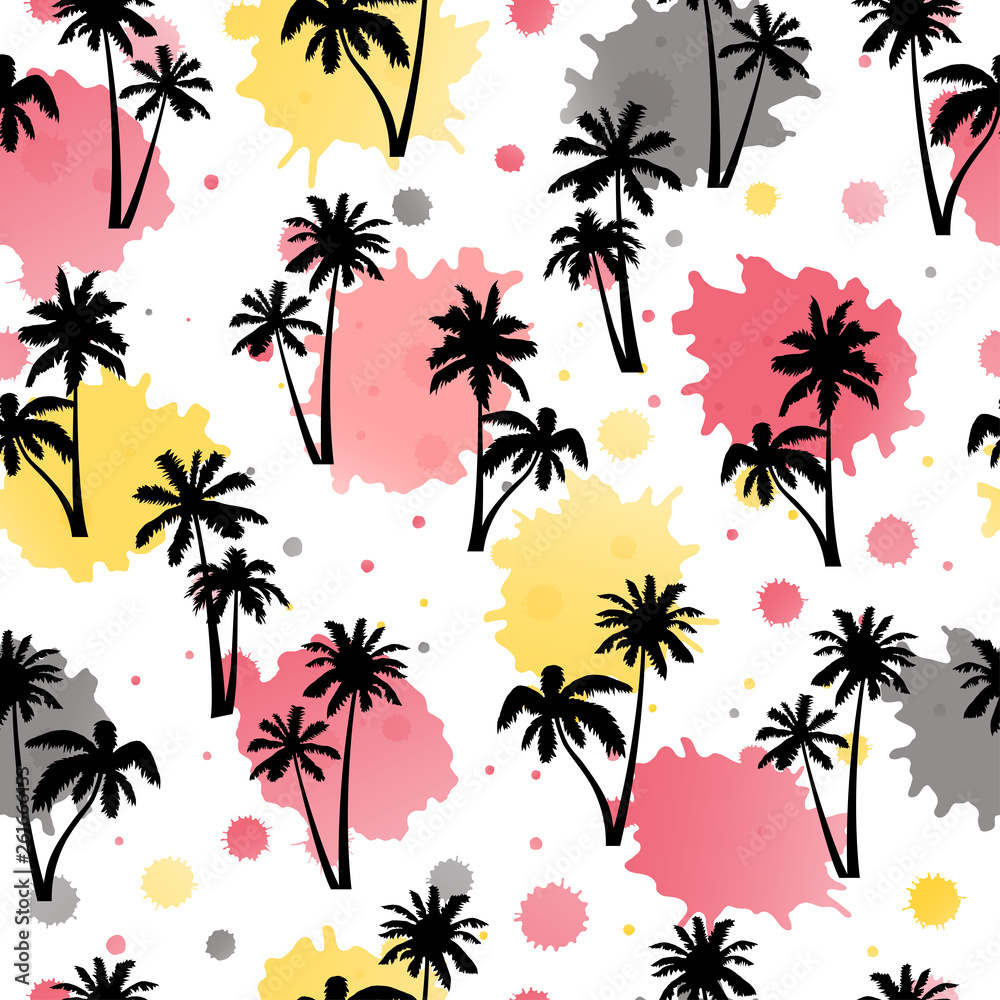 Seamless pattern, vector palm tree on blots.