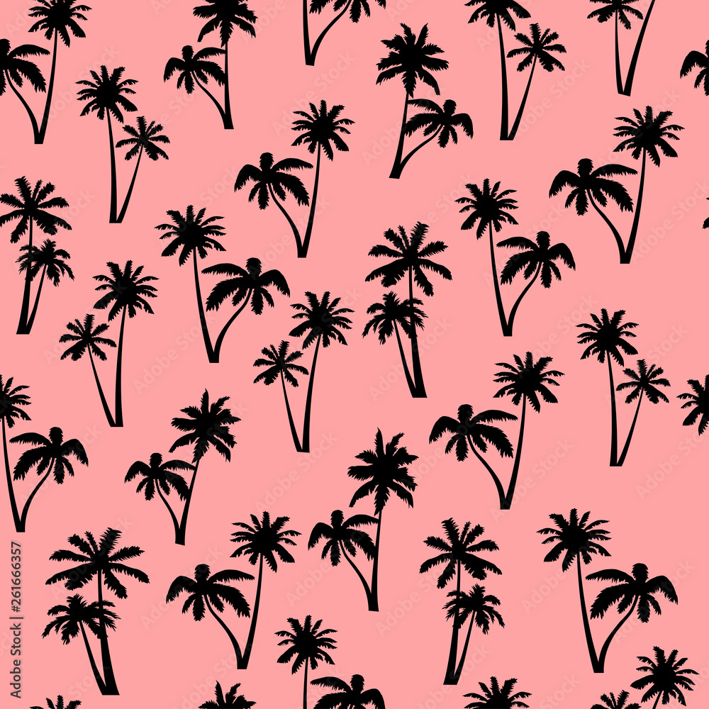 Seamless pattern, vector palm tree on pink.