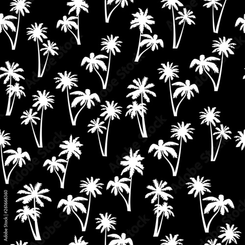 Seamless pattern, vector palm tree on black. © Ruta