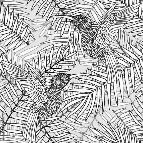 Seamless pattern, background with tropical plants palm leaves and colibri birds