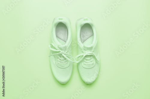 Pastel green sneakers on on the background of gently green. Trendy athletics and sport minimal concept. Fancy composition is made in one candy color. Flat lay, top view. 