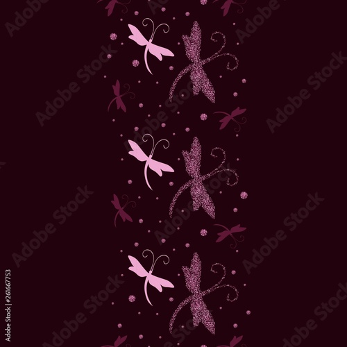 Vector Seamless Border  Dragonfly Pattern with glitter effect.Perfect for postcards, greeting cards, wedding invitations
