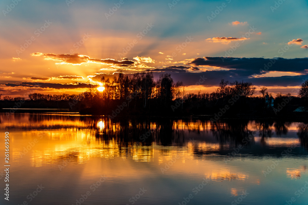 Beautiful sunset with reflections near Ettling-Isar-Bavaria-Germany