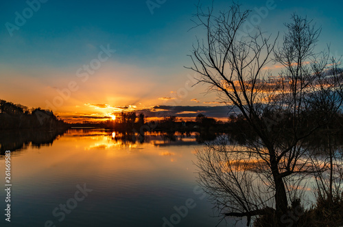 Beautiful sunset with reflections near Ettling-Isar-Bavaria-Germany