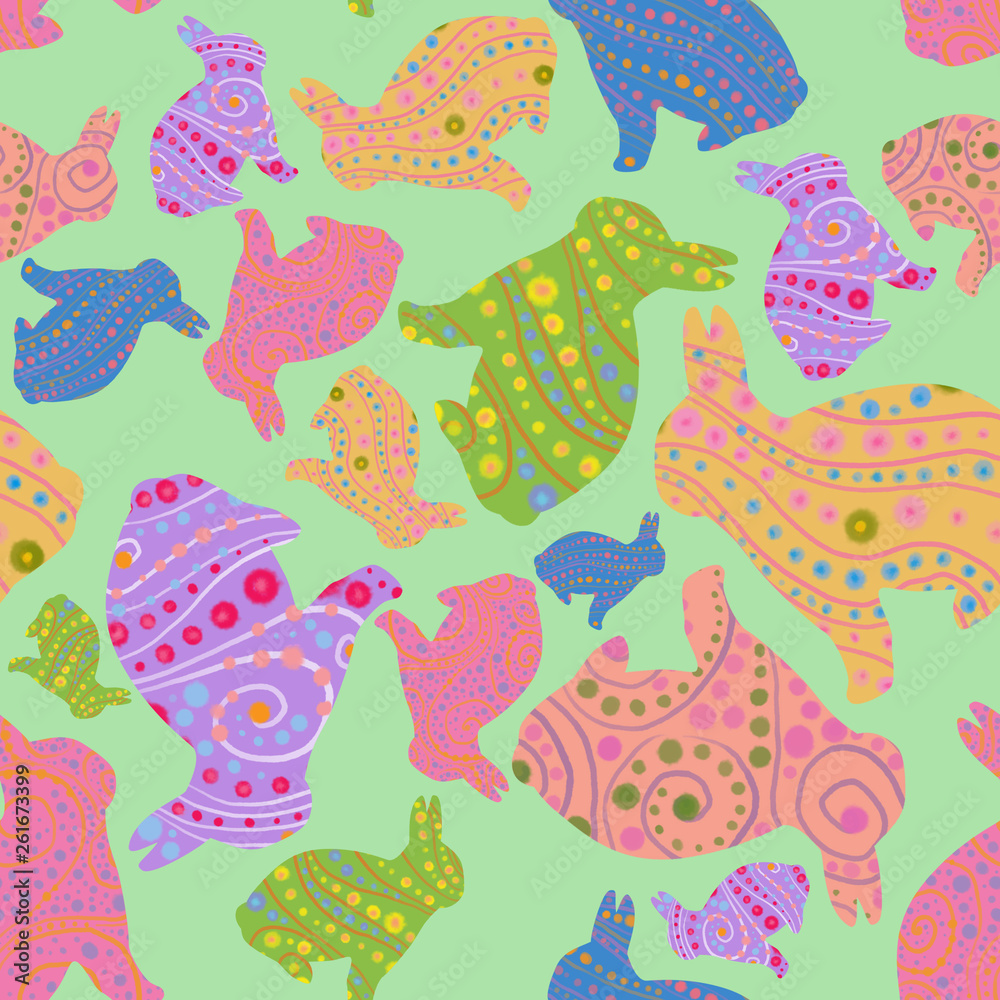 Easter Bunny Seamless Pattern. Bunny Silhouettes Decorated with Doodles. Continuous Design in Cheerful Easter Colors for Background, Wallpaper, Textile, and Wrapping Paper.