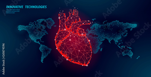 World heart attack day awareness. Health medicine poster template. red polygonal heart on world map global healthcare cardiology vector illustration