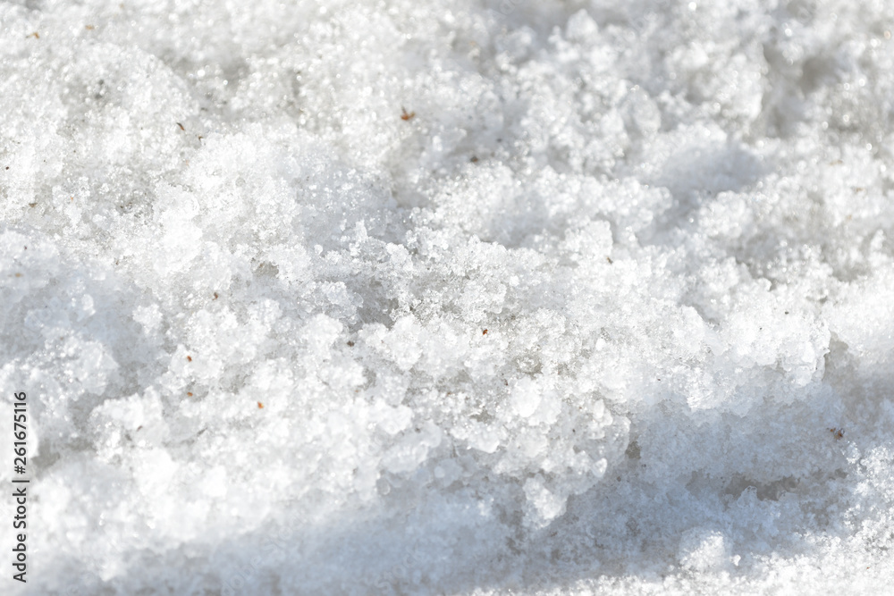 Fototapeta premium Early spring snow background and texture close up