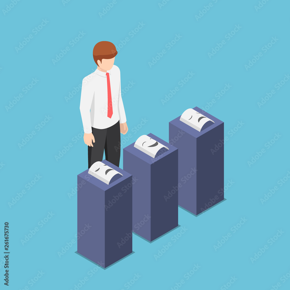 Isometric businessman is choosing emotions mask Isometric businessman is choosing emotions mask