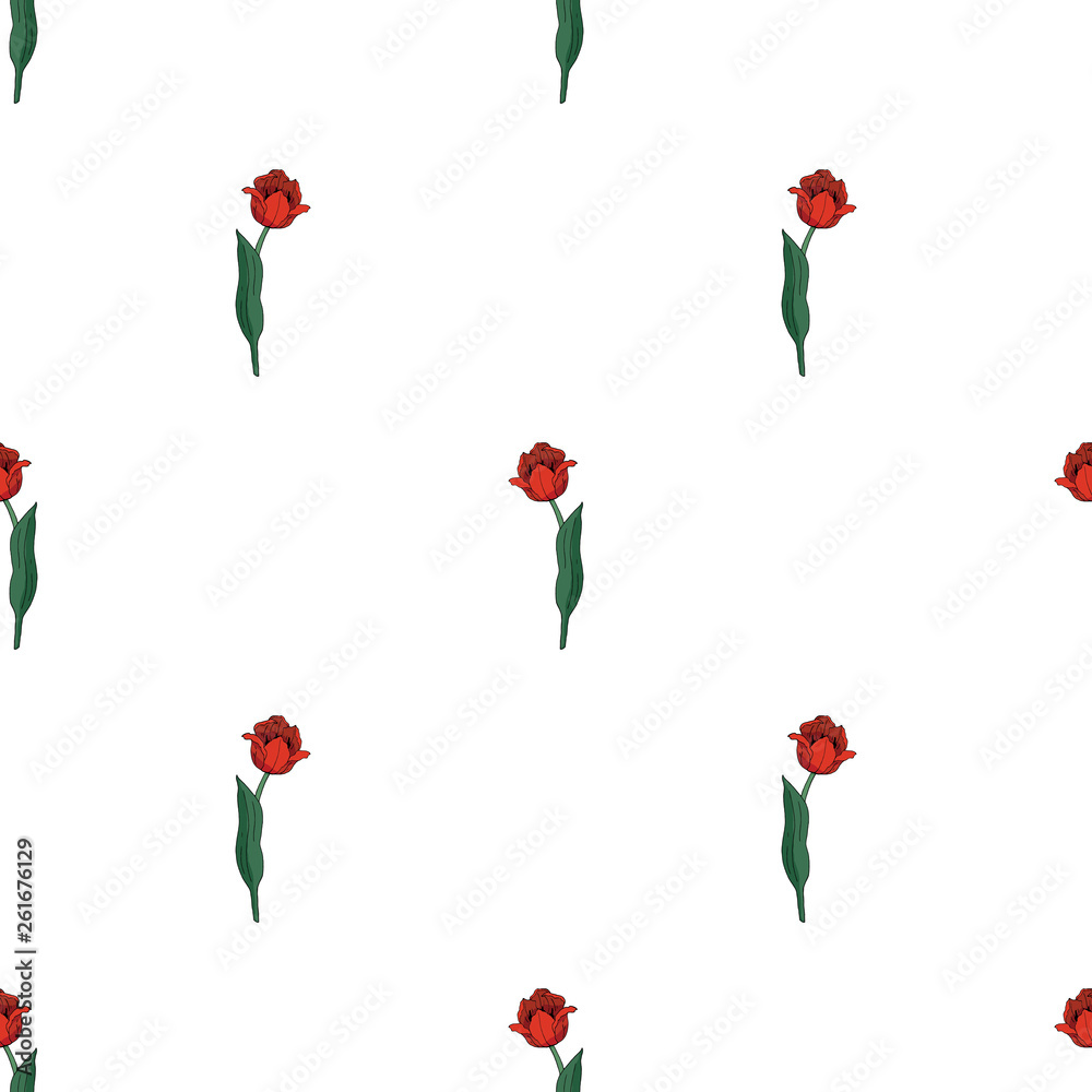 Seamless pattern with red tulips on white background. Endless texture with floral elements for your design