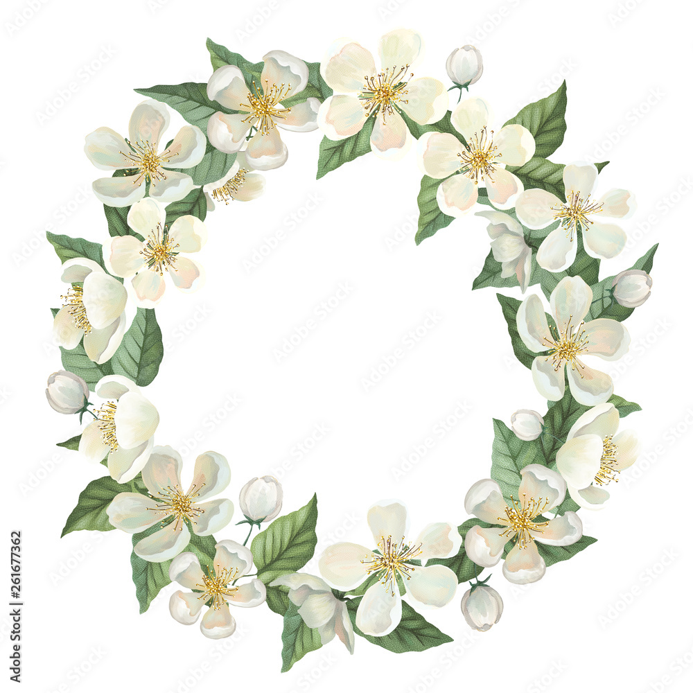 Apple blossom watercolor wreath. Frame with flowers, leaves