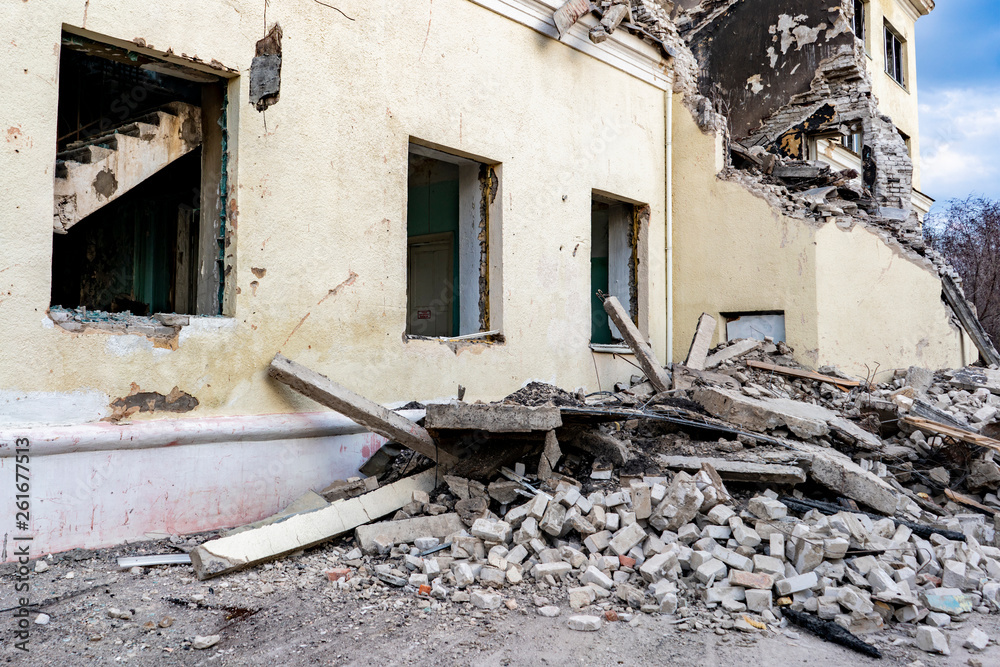 destroyed ruined house in the war and bricks laying around b destroyed ruined house in the war and bricks laying around b