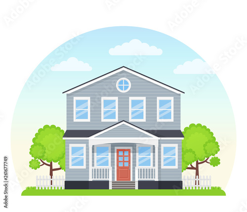 House exterior front view. Vector illustration. Flat design.