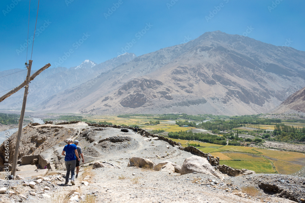 Ishkashim, Tajikistan - Aug 23 2018: Ruins of Khaakha Fortress in the Wakhan Valley in Ishkashim, Gorno-Badakhshan, Tajikistan. It is located in the Tajikistan and Afghanistan border.