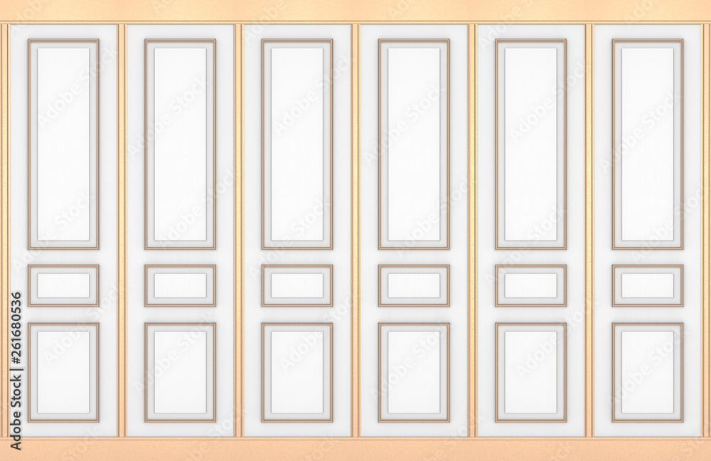 3d rendering. modern gold square classical frame pattern design on white wood vintage wall background.