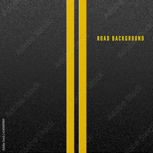 Structure of granular asphalt. Abstract road background. Asphalt texture with two yellow line road marking. Vector illustration