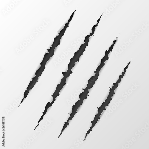 Torn paper edge. Scary leceration paper surface. Wild animal claws scratch texture. Demage from claws. vector illustration photo