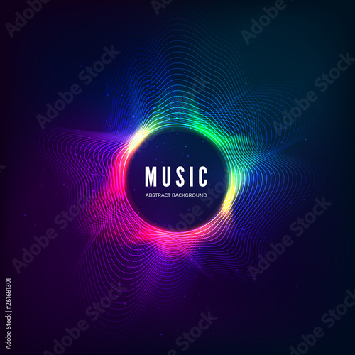 Radial sound wave curve with light particles. Colorful equalizer visualisation. Abstract colorful cover for music poster and banner. Vector illustration