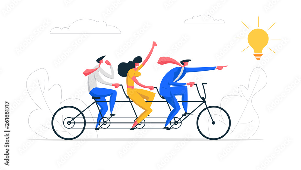 Creative Idea Teamwork Concept. Business Team Riding Tandem Bicycle. Businessman and Businesswoman Characters on Bike. Cooperation Leadership Metaphor. Vector flat cartoon illustration