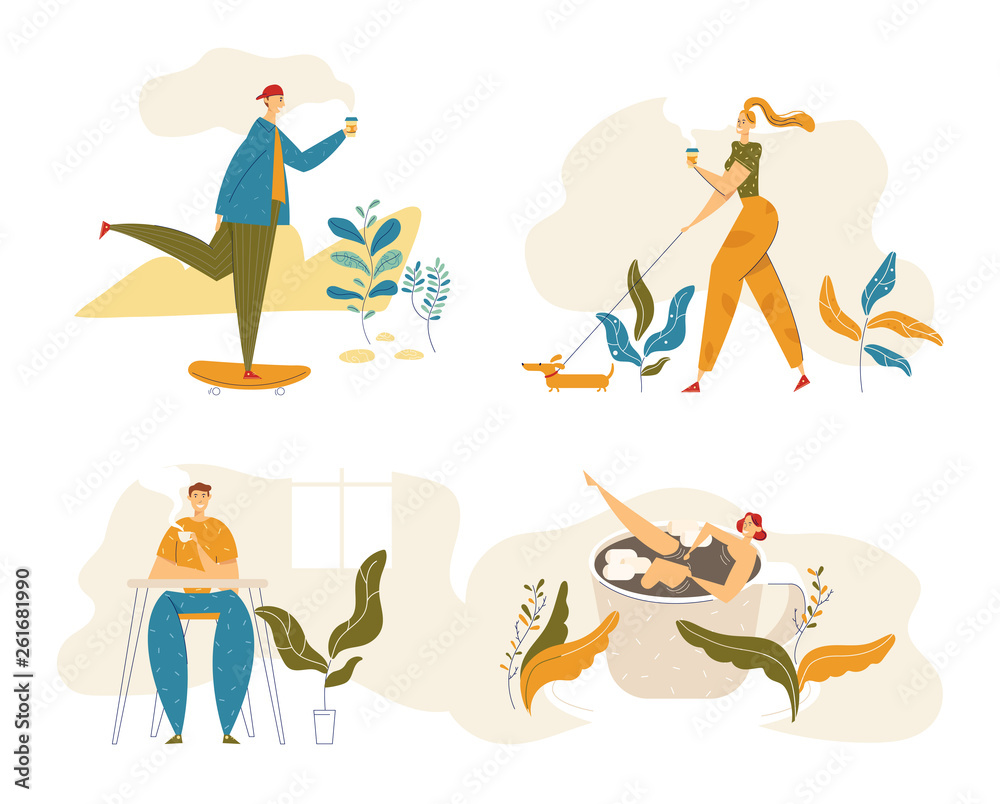 People Characters Drinking Coffee. Man Skateboarding with Cup of Tea. Woman Walking with Dog and Hot Drink. Guy on Coffee Break. Vector flat cartoon illustration People Characters Drinking Coffee. Man Skateboarding with Cup of Tea. Woman Walking with Dog and Hot Drink. Guy on Coffee Break. Vector flat cartoon illustration