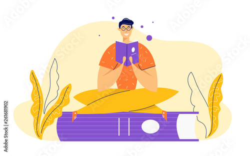 Happy Male Student Reading Book. Education Study Learning Concept with Man Character and Books. Guy in the Library. Vector flat cartoon illustration