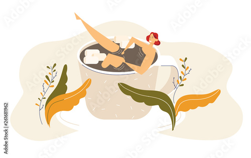 Happy Young Woman Relaxing in Big Coffee Cup. Female Character Bath in Teacup. Pretty Girl Lying in Mug with Hot Drink. Vector flat cartoon illustration