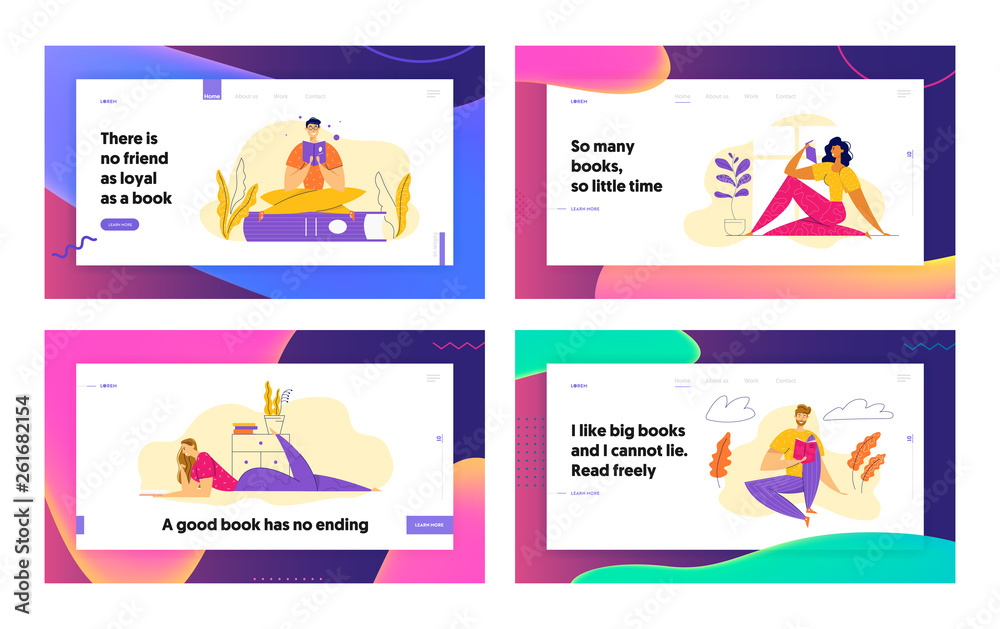 Characters Reading Books Landing Page Set. Man and Woman with Book at Home Interior. Education Study Concept with People Learning Textbook Website, Banner. Vector flat illustration