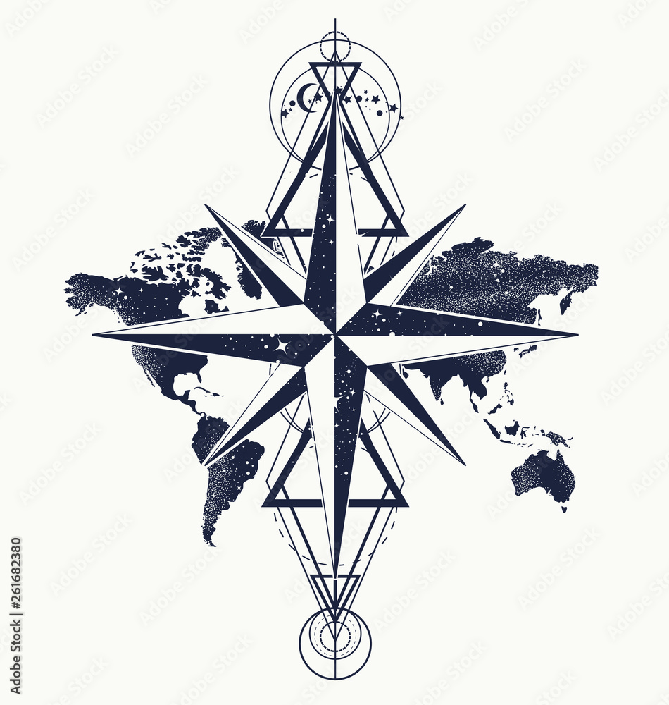 Azimuth compass and world map, tattoo and t-shirt design. Symbol of  tourism, round world travel Stock Vector | Adobe Stock