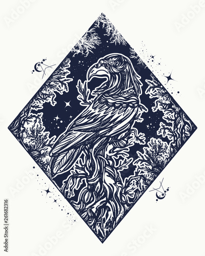 Raven and old tree tattoo and t-shirt design. Gothic bird. Symbol of halloween, fear