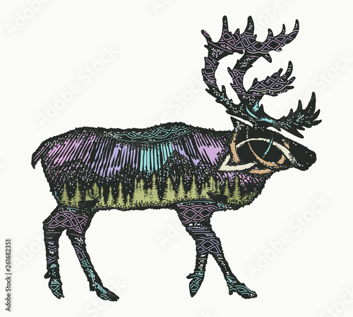 Reindeer double exposure animals color tattoo and t-shirt design. Symbol tourism, travel, far north