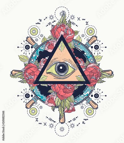 All seeing eye color tattoo art and t-s. Freemason and spiritual symbols. Alchemy, medieval religion, occultism and esoteric concept
