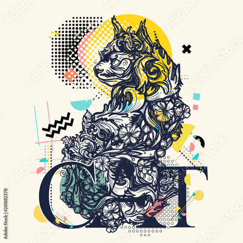 Floral cat. Zine culture style. Hand drawn vector art, fashion contemporary collage. Double exposure magic kitty