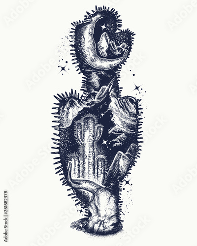Cactus double exposure tattoo and t-shirt design. Skull  bull, moon and desert. Symbol of Wild West, travel, mysticism and shamanism