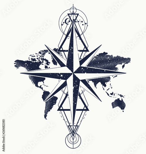 Azimuth compass and world map, tattoo and t-shirt design. Symbol of tourism, round world travel
