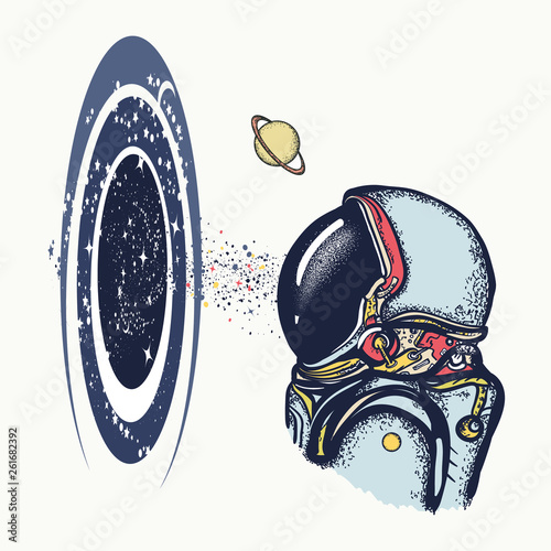 Astronaut and black hole color tattoo and t-shirt design. Symbol of knowledge, studying universe, science