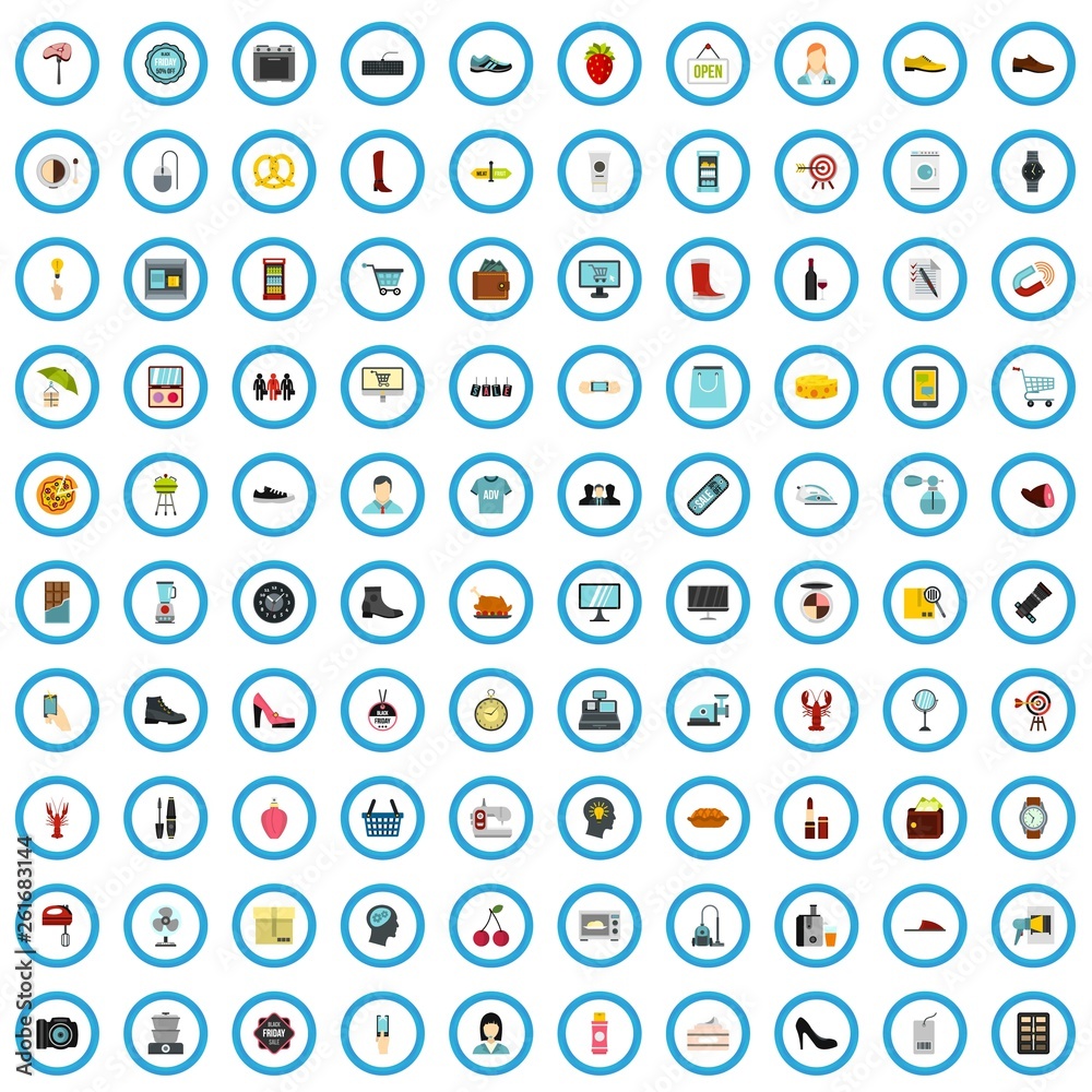 100 supermarket agency icons set in flat style for any design vector illustration