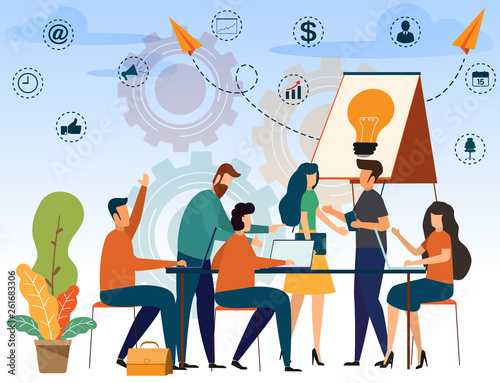 Business people teamwork composition with employees discussion with presentation and freelancers in coworking center. vector illustration