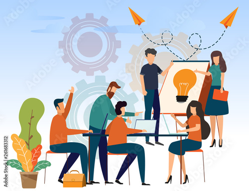 Business people teamwork composition with employees discussion with presentation and freelancers in coworking center. vector illustration