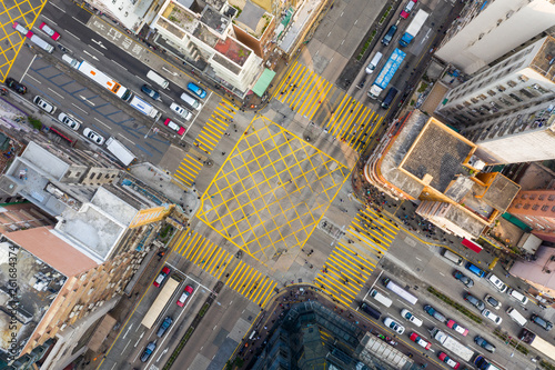 Top view of Hong Kong city road intersection © leungchopan