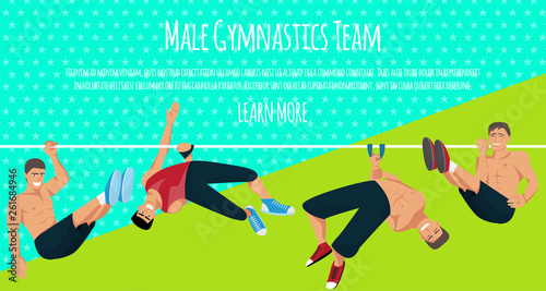 Male gymnastics team banner vector illustration. Competitive gymnastic. Horizontal bar. Parallel bars. Balance beam. Athlete man. Exercising men in different poses. Sportsman training.