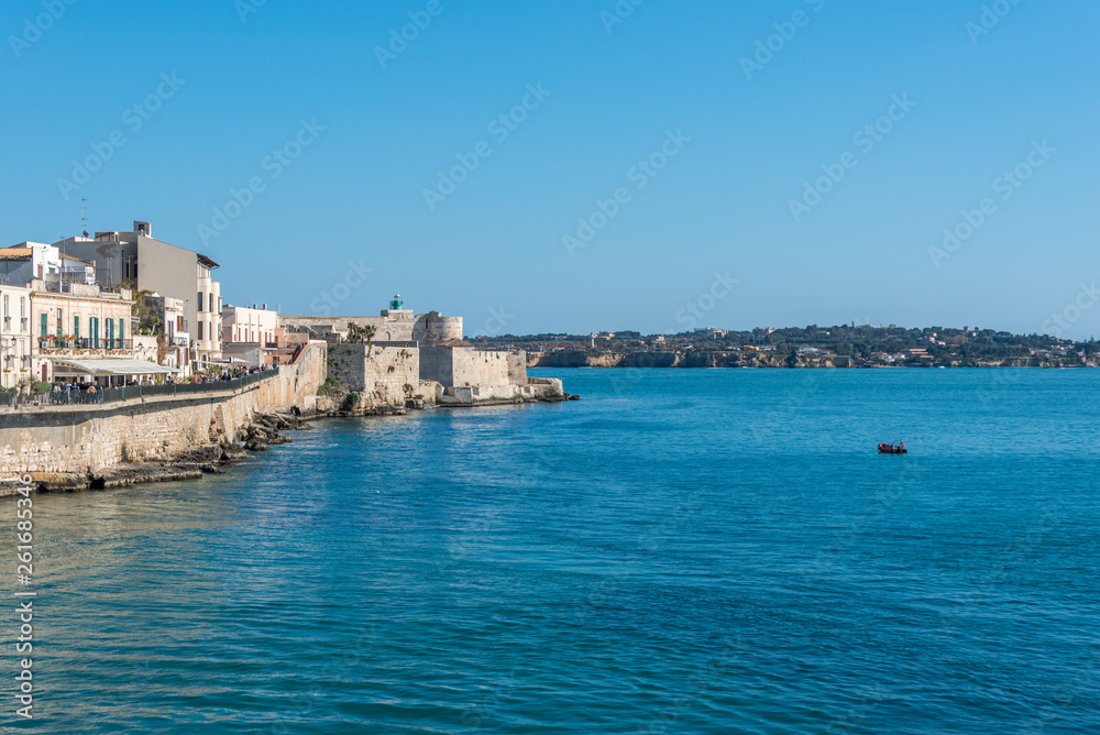 View of the Still Mediterranean Sea and Syracuse, Sicily, Italy