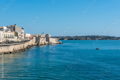 View of the Still Mediterranean Sea and Syracuse, Sicily, Italy