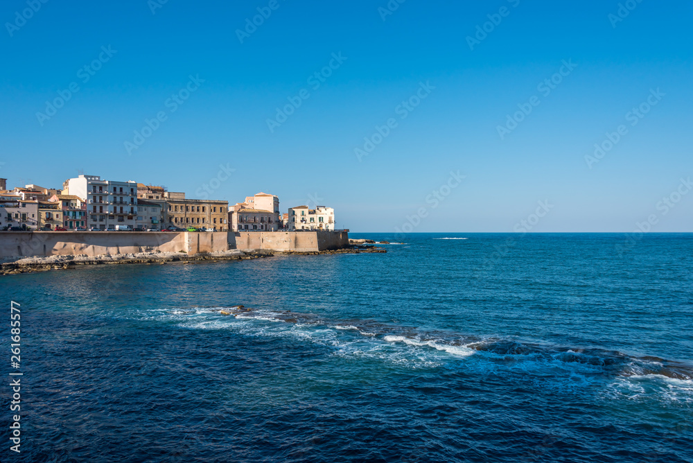 View of the Still Mediterranean Sea and Syracuse, Sicily, Italy
