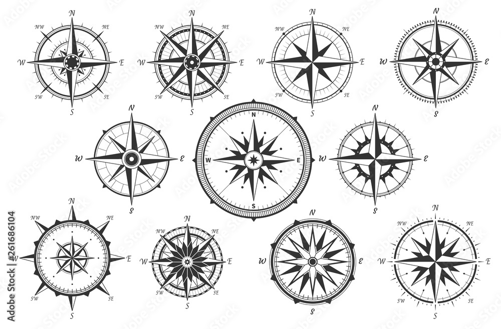 Wind rose. Map directions vintage compass. Ancient marine wind measure vector icons isolated. Isolated old sea or ocean navigation compass for ocean or marine retro cartography, boat or ship