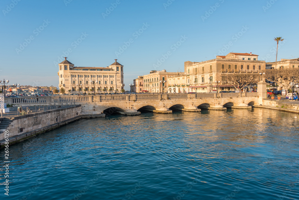 River, Bridge and Cityscape in Syracuse, Sicily, Italy