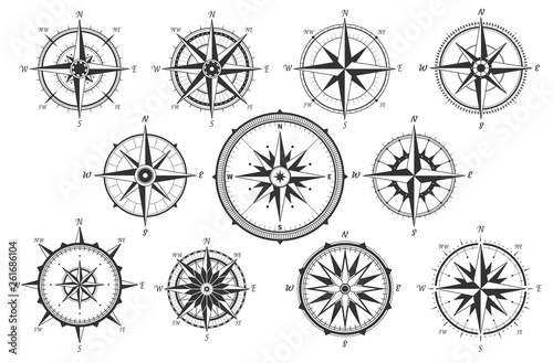 Wind rose. Map directions vintage compass. Ancient marine wind measure vector icons isolated. Isolated old sea or ocean navigation compass for ocean or marine retro cartography, boat or ship